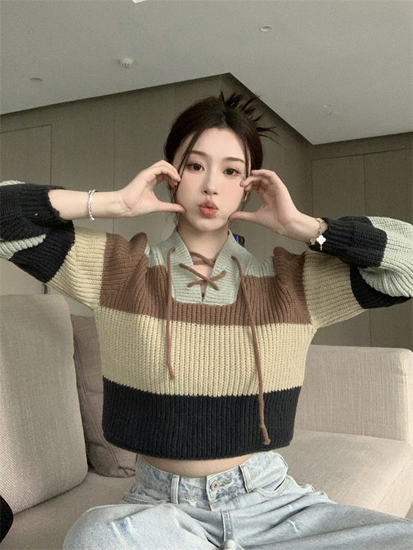 Stripe long sleeve tops mixed colors sweater for women
