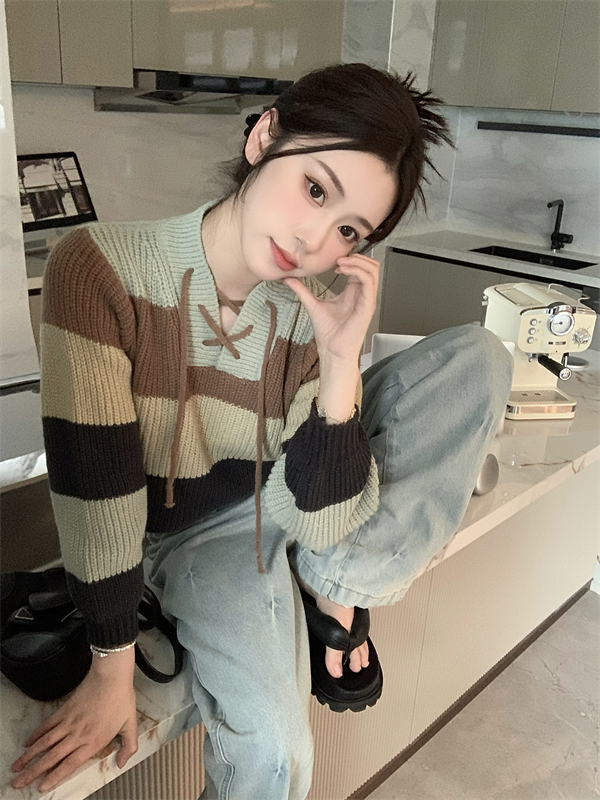 Stripe long sleeve tops mixed colors sweater for women