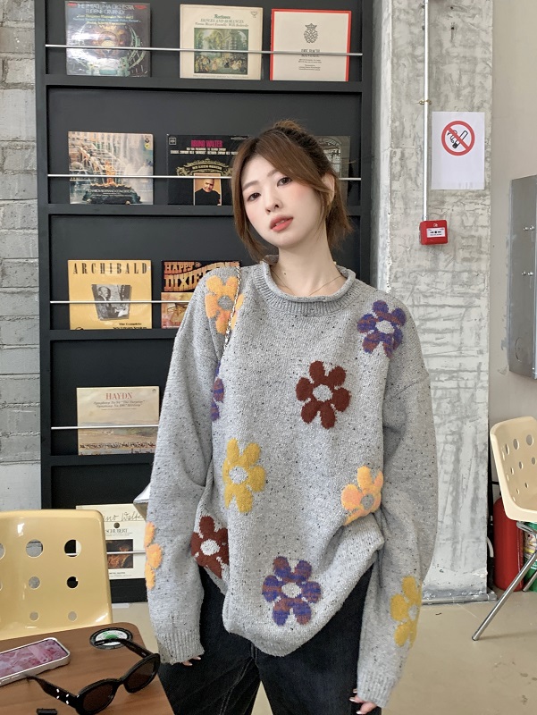 Loose flowers sweater stereoscopic cstand collar tops