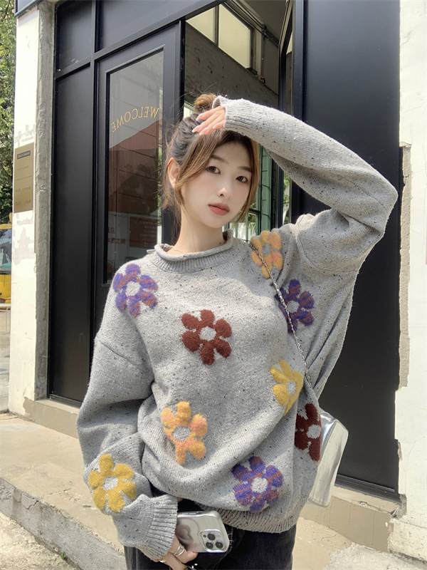 Loose flowers sweater stereoscopic cstand collar tops