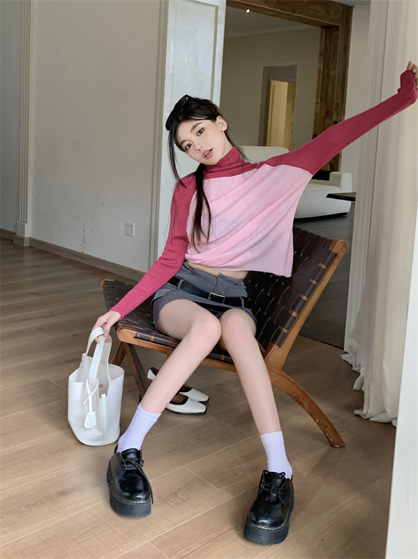 Mixed colors knitted tops high collar bottoming shirt