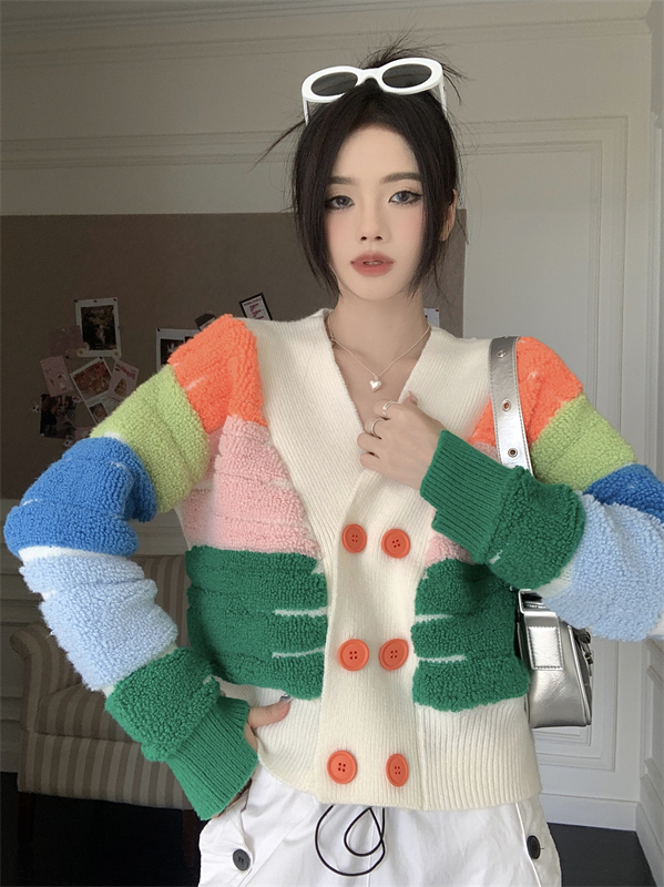 Rainbow V-neck short coat knitted chanelstyle sweater