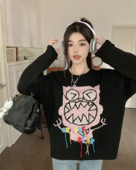Black pullover loose long lovely knitted cartoon sweater