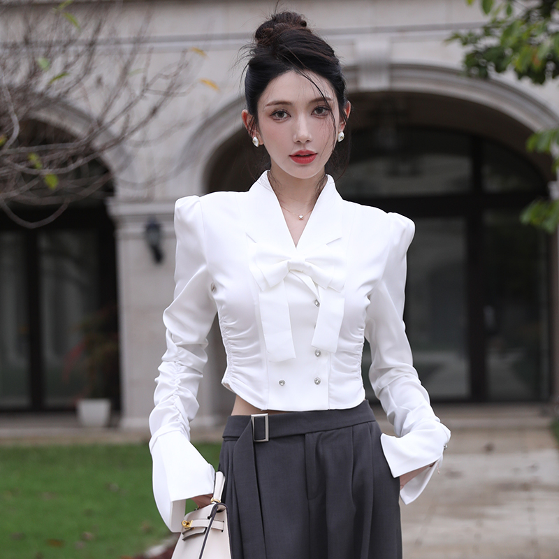 Pinched waist bow tops white satin business suit for women BE84029 