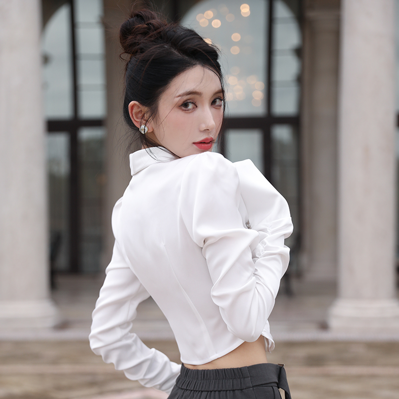 Pinched waist bow tops white satin business suit for women