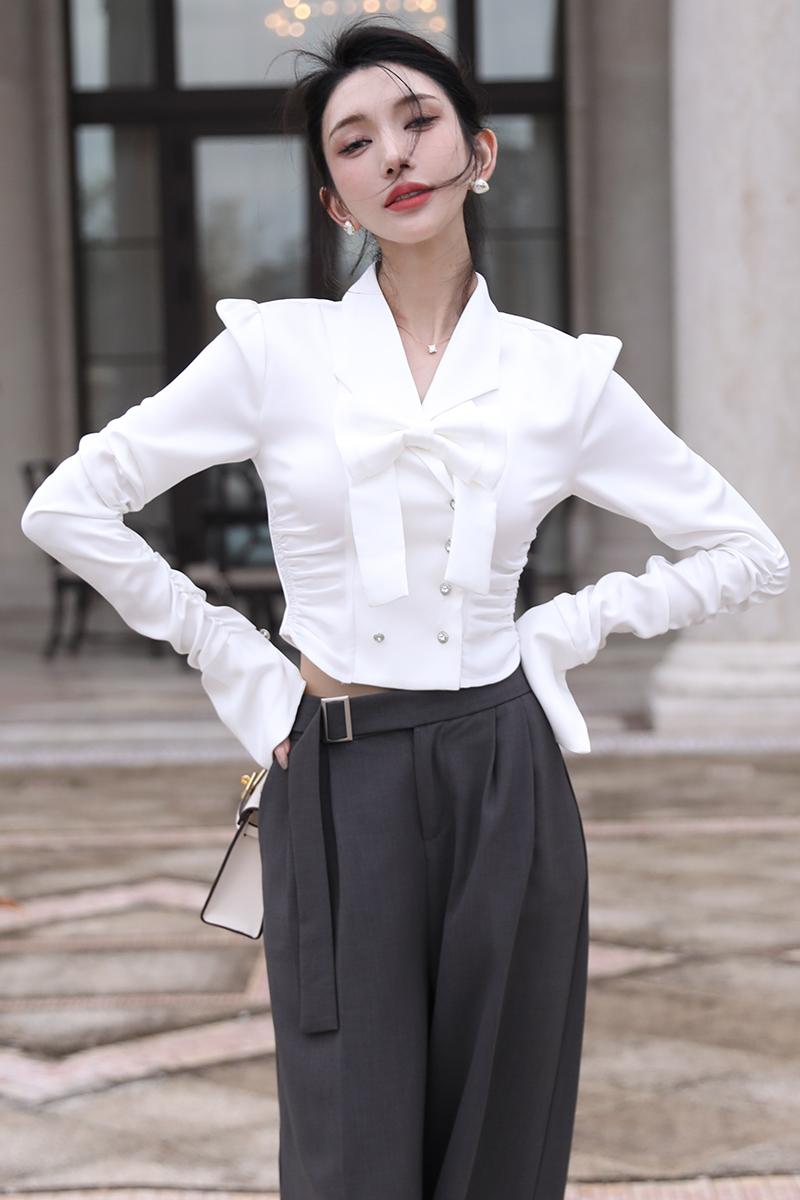 Pinched waist bow tops white satin business suit for women