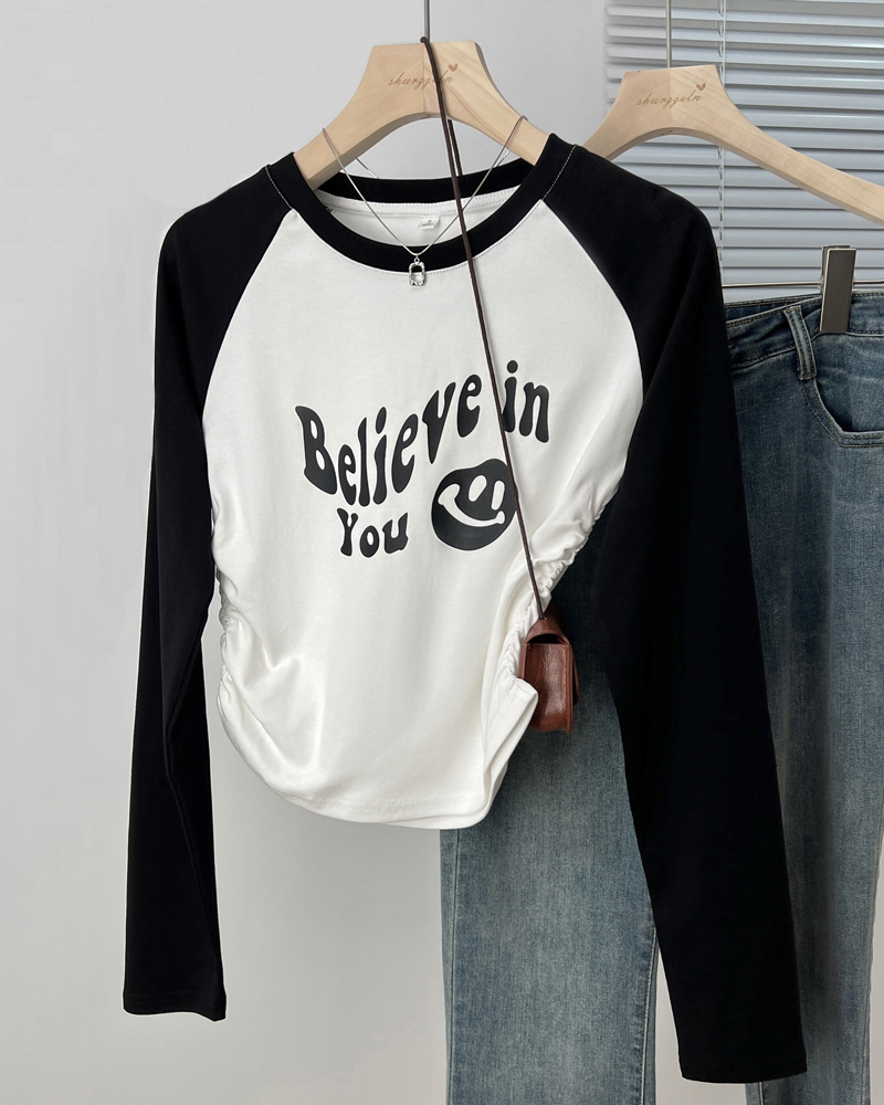 Pinched waist tops American style T-shirt for women