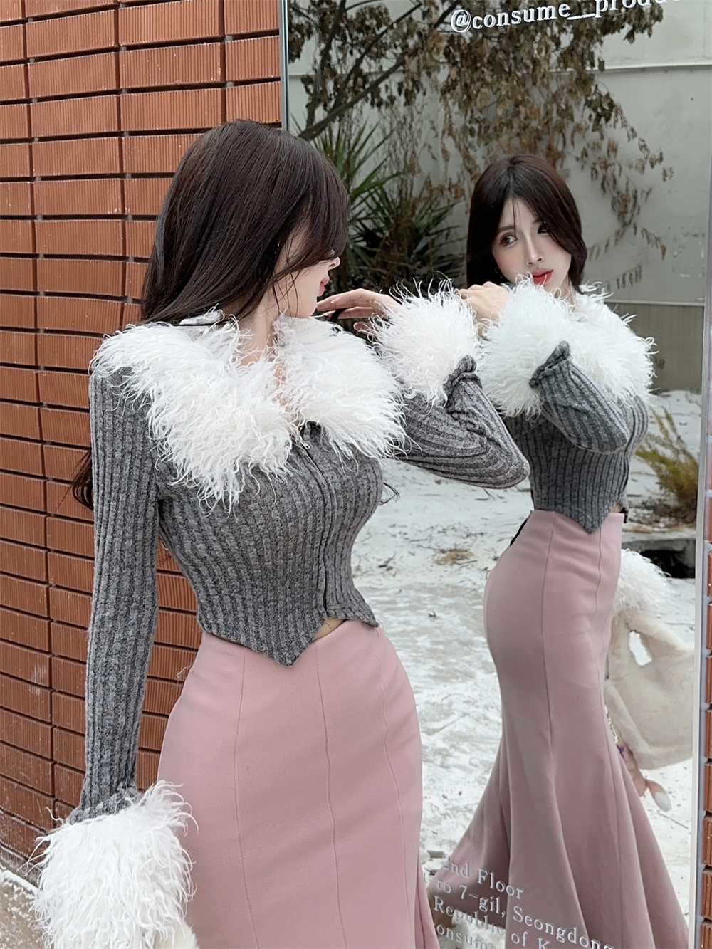 Niche fur collar bottoming shirt V-neck winter tops for women