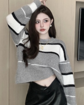 Mixed colors round neck pullover splice sweater for women