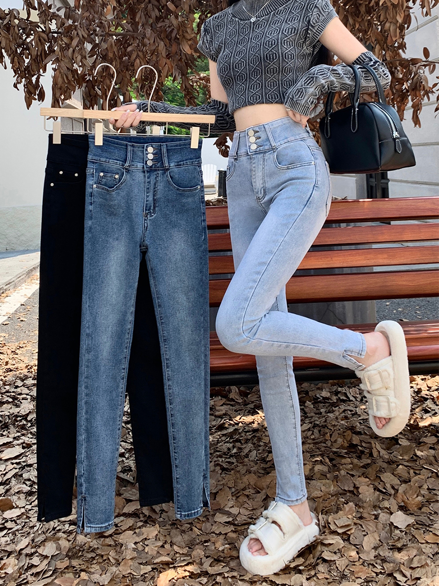 High waist feet jeans light-blue pencil pants for women