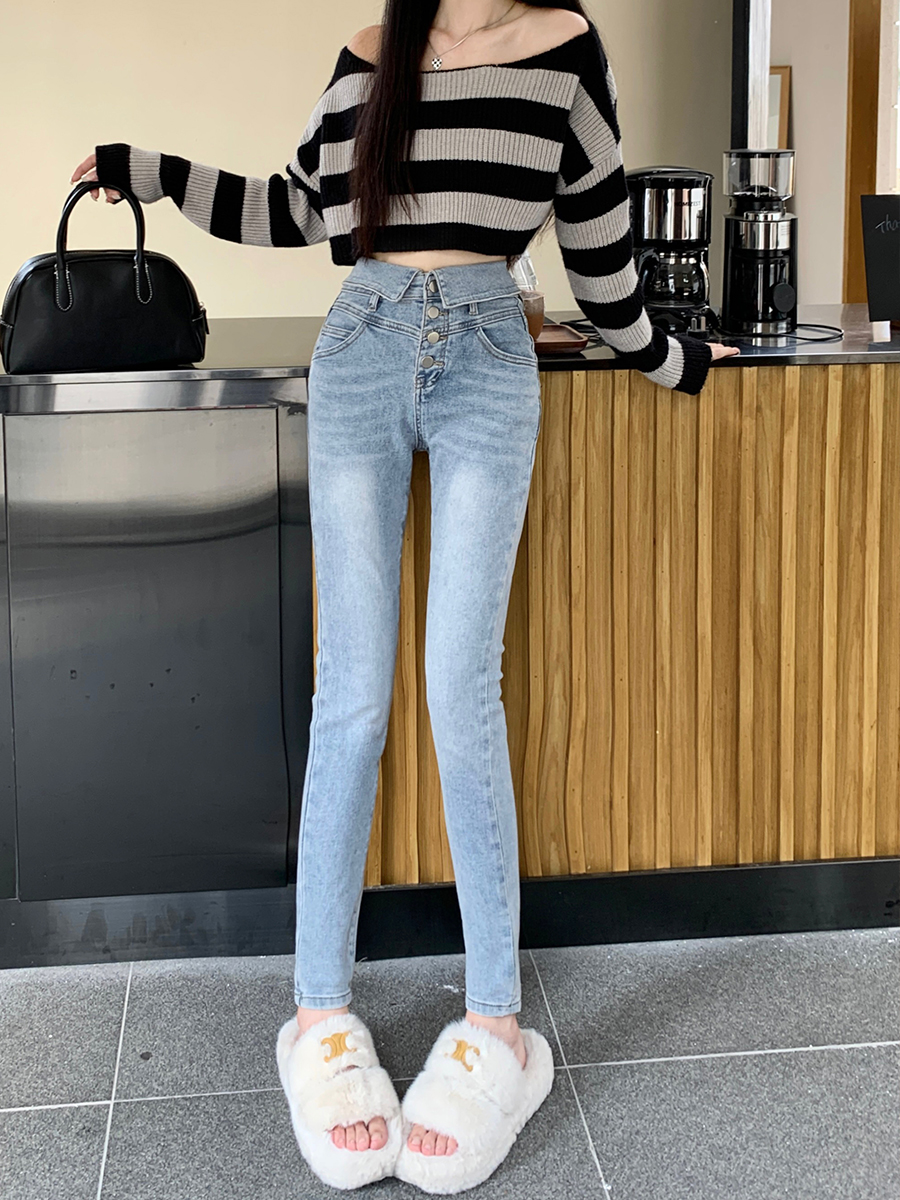 Feet slim jeans tight breasted pencil pants for women