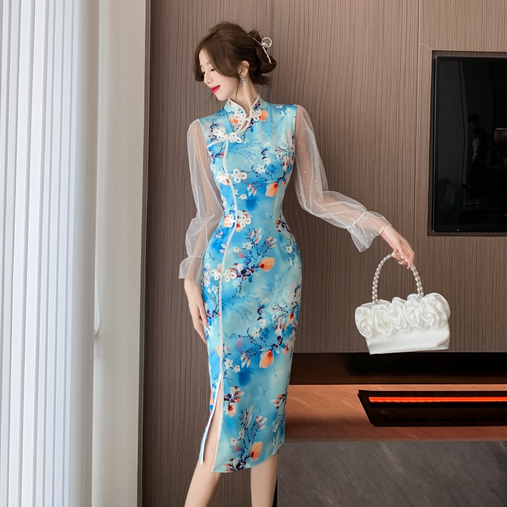 Long Chinese style printing cheongsam slim split dress
