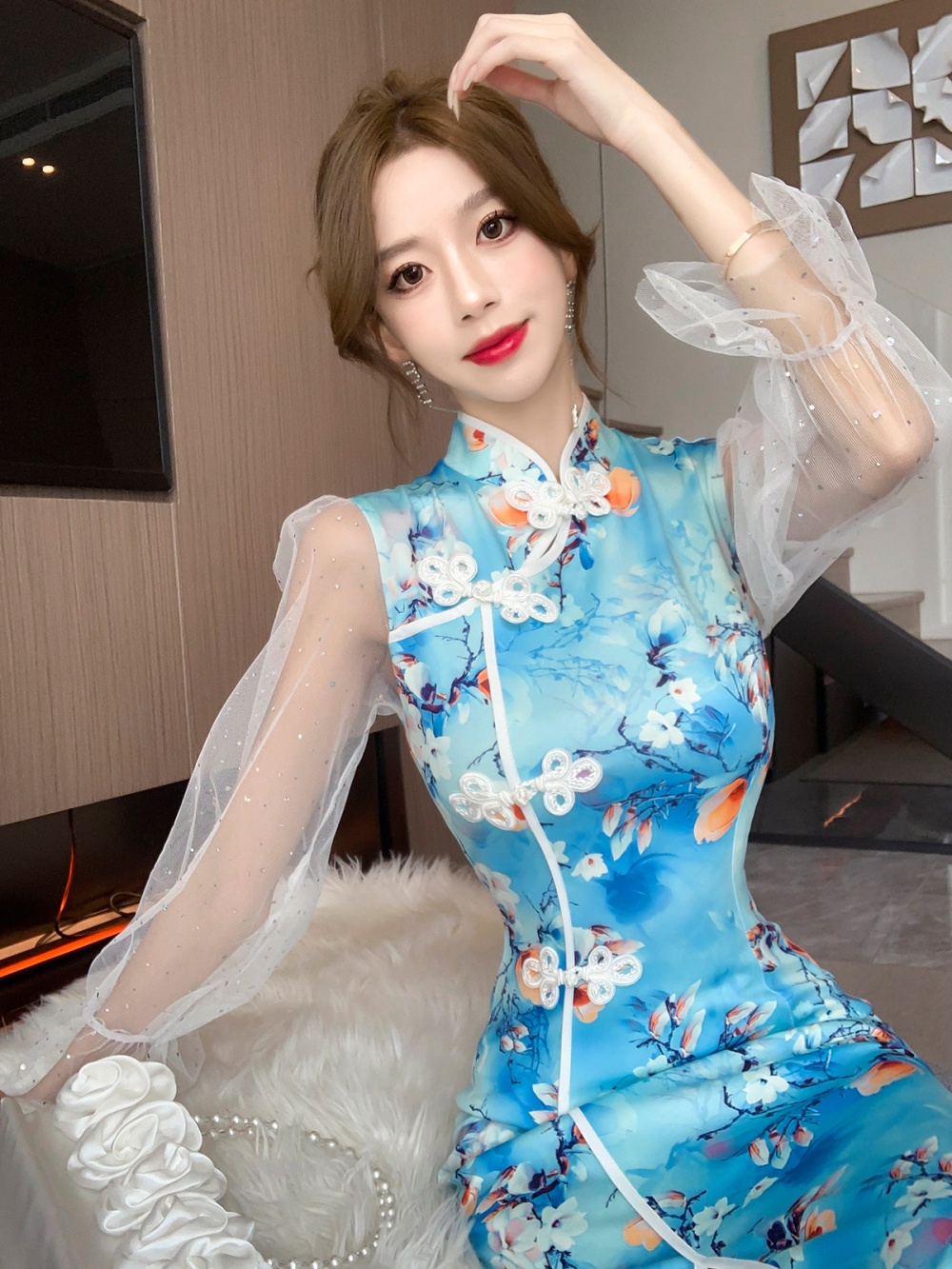 Long Chinese style printing cheongsam slim split dress
