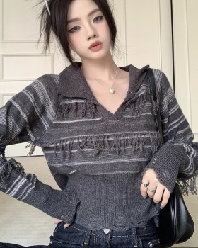 Short Korean style autumn sweater V-neck colors tassels tops