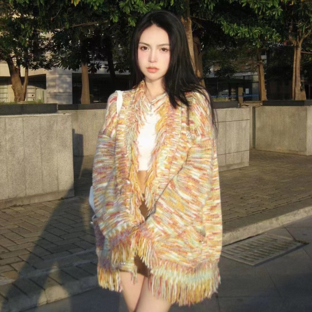 Rainbow retro all-match tops knitted winter cardigan for women