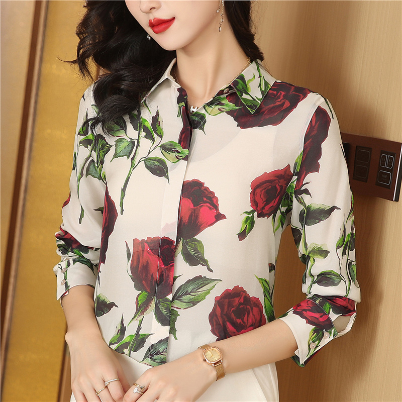 Rose slim retro real silk autumn printing silk shirt