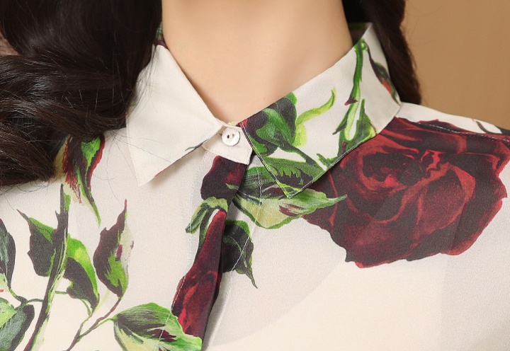 Rose slim retro real silk autumn printing silk shirt