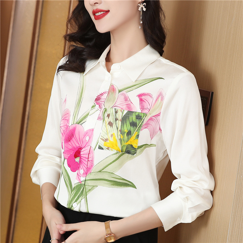 Elasticity real silk long sleeve printing silk elegant shirt