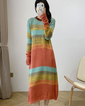 Loose knitted sweater dress stripe Korean style dress