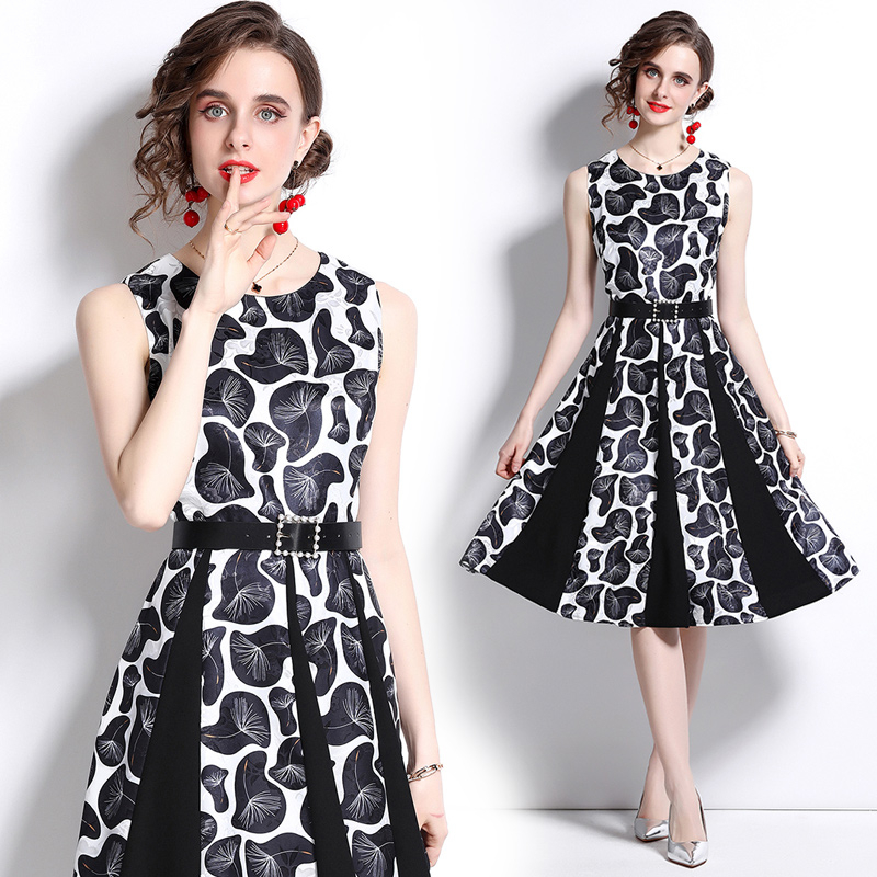 Printing jacquard splice sleeveless dress for women