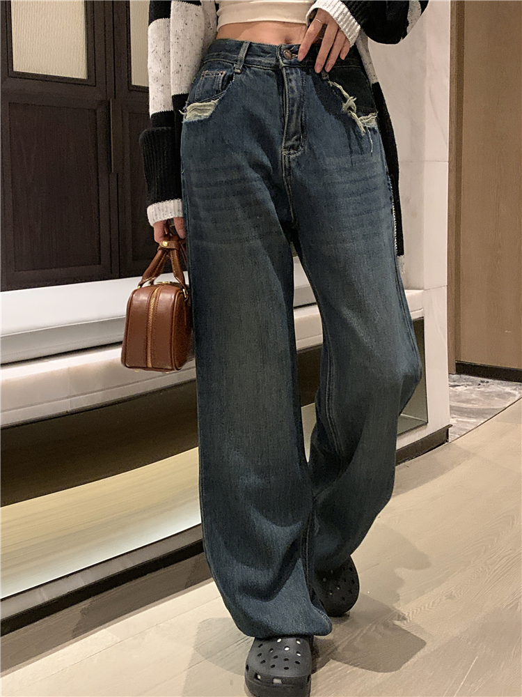 Holes wide leg pants retro jeans for women