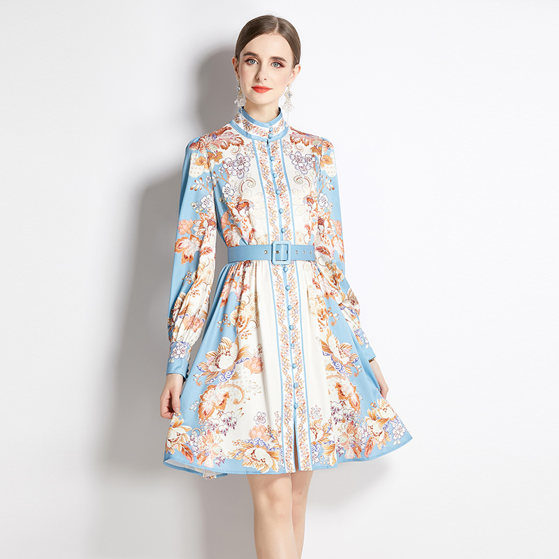 With belt printing cstand collar T-back A-line European style dress
