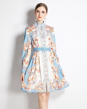 With belt printing cstand collar T-back A-line European style dress