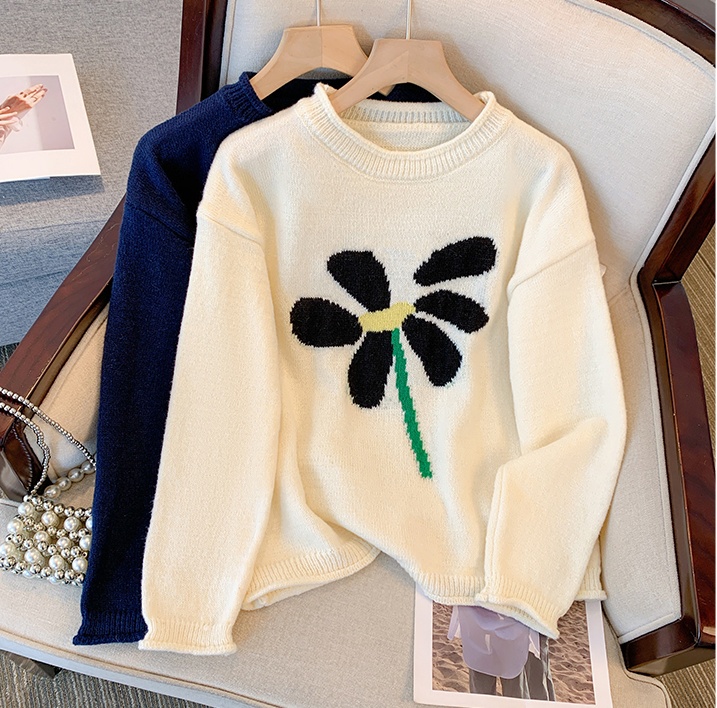 Loose cashmere Korean style flowers sweater for women