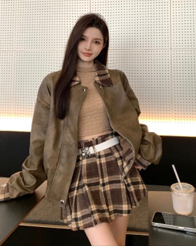 High waist leather coat loose skirt 2pcs set for women