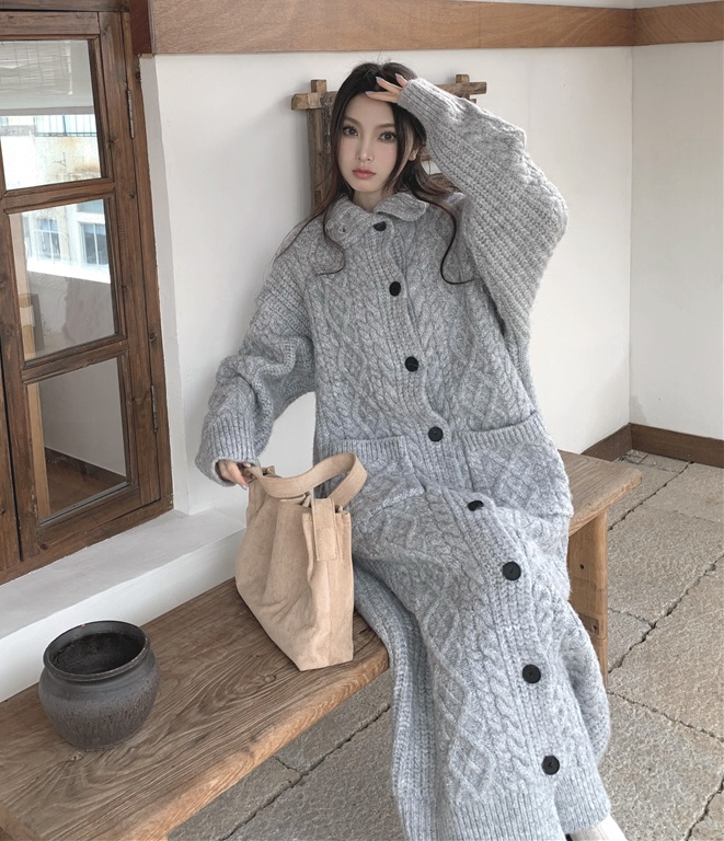 Thick stand collar long coat wear lazy sweater
