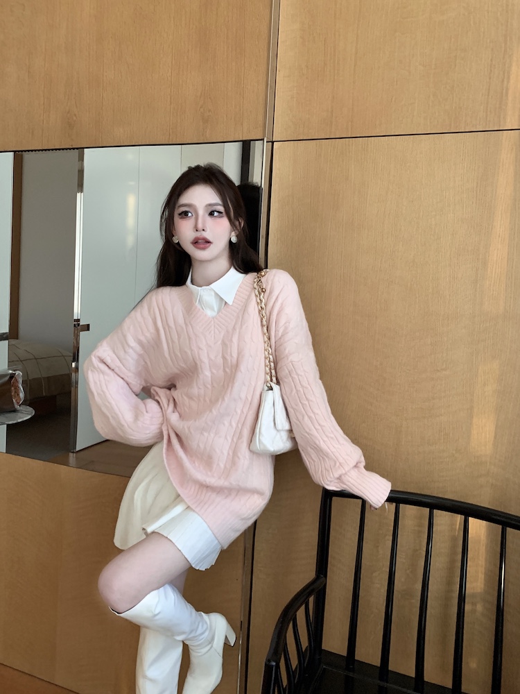 Knitted long sleeve loose pink sweater slim spring lazy tops