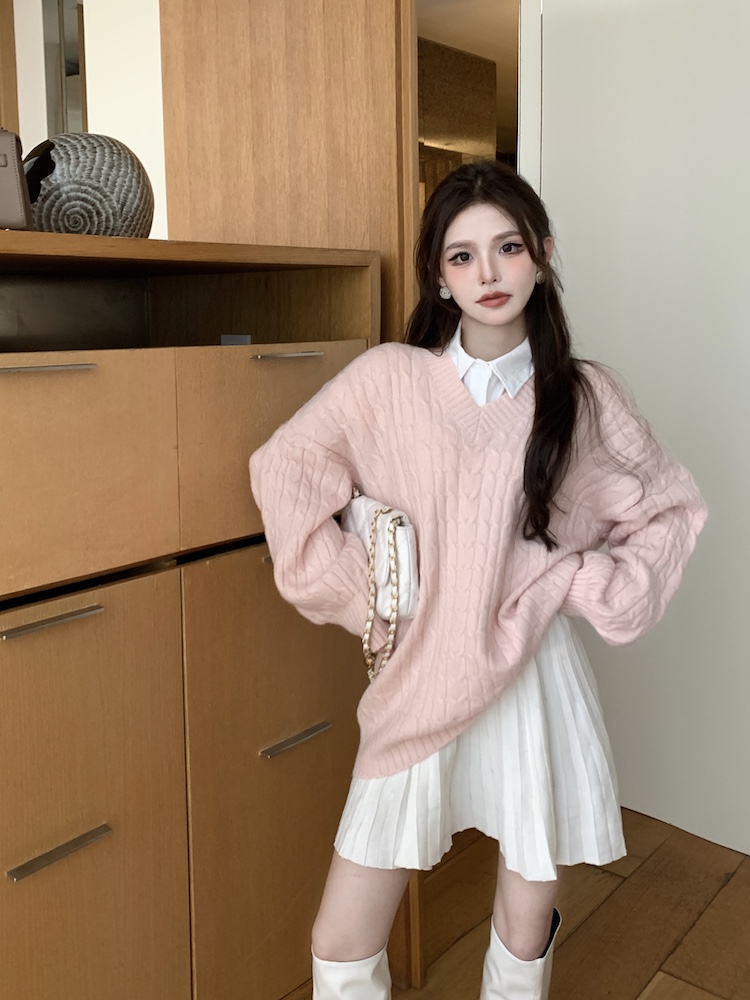 Knitted long sleeve loose pink sweater slim spring lazy tops