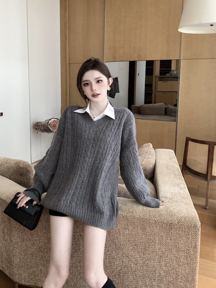 Knitted long sleeve loose pink sweater slim spring lazy tops