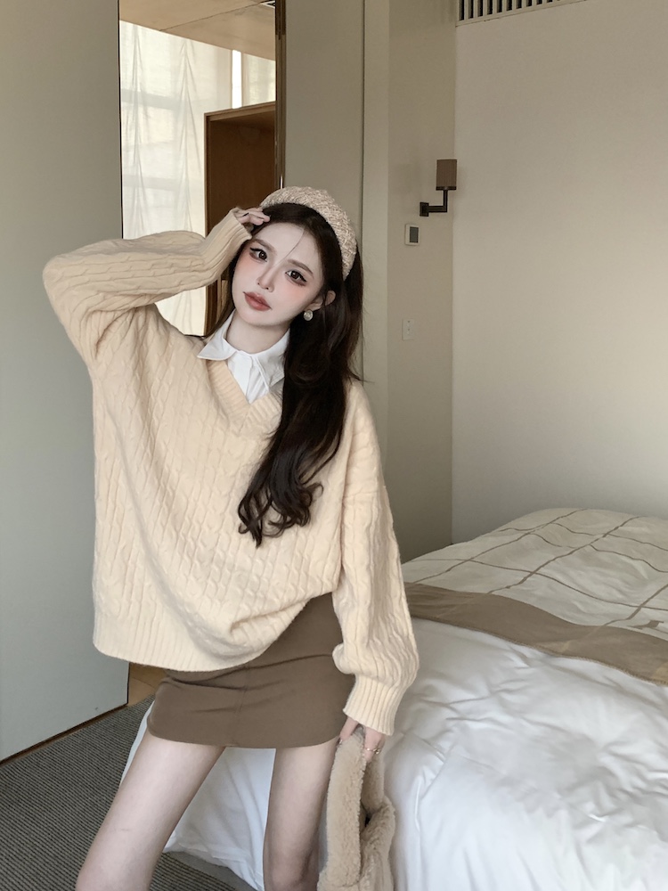 Knitted long sleeve loose pink sweater slim spring lazy tops