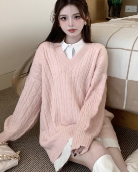 Knitted long sleeve loose pink sweater slim spring lazy tops
