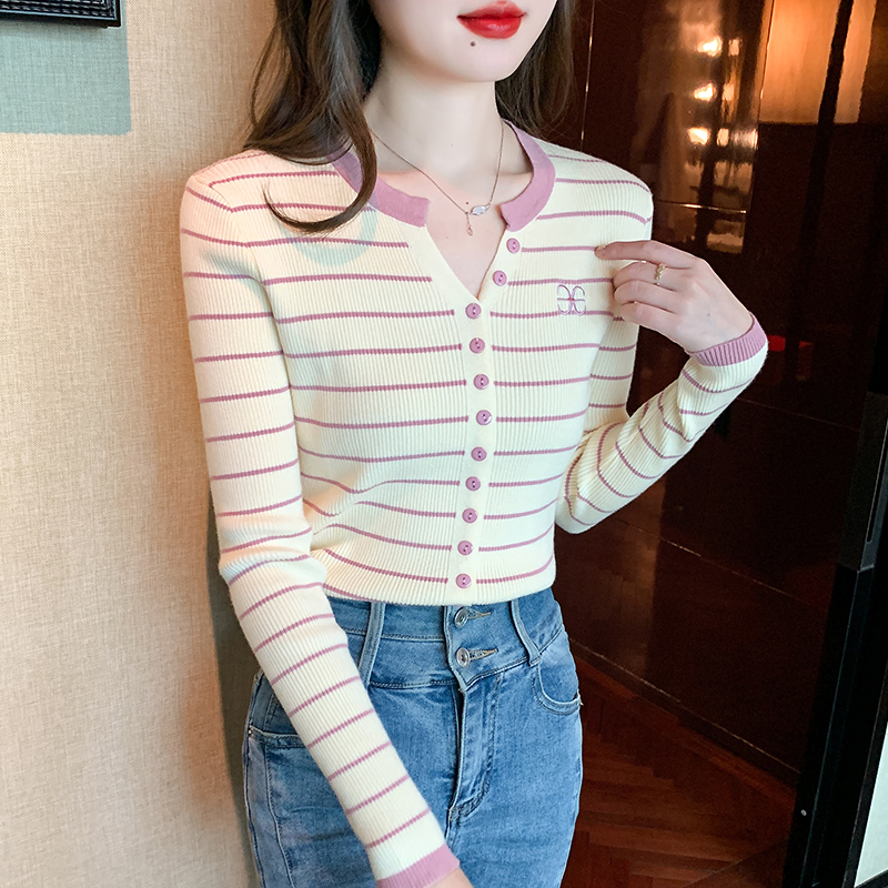 All-match slim sweater stripe long sleeve bottoming shirt