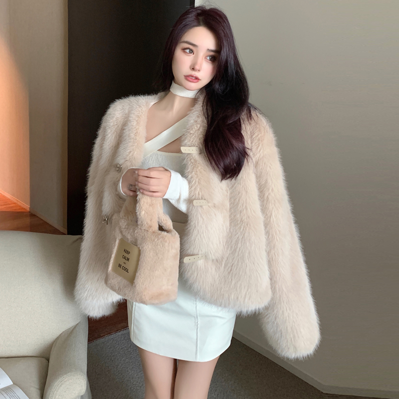Korean style faux fur coat winter plush overcoat for women