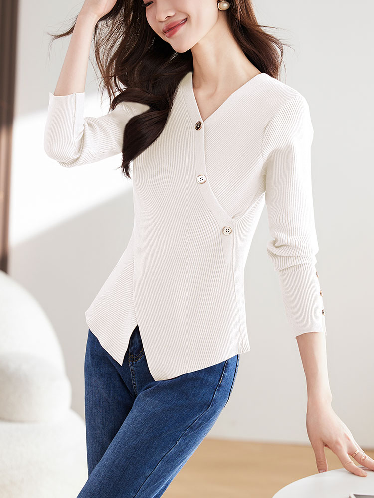 V-neck temperament tops slim long sleeve sweater for women