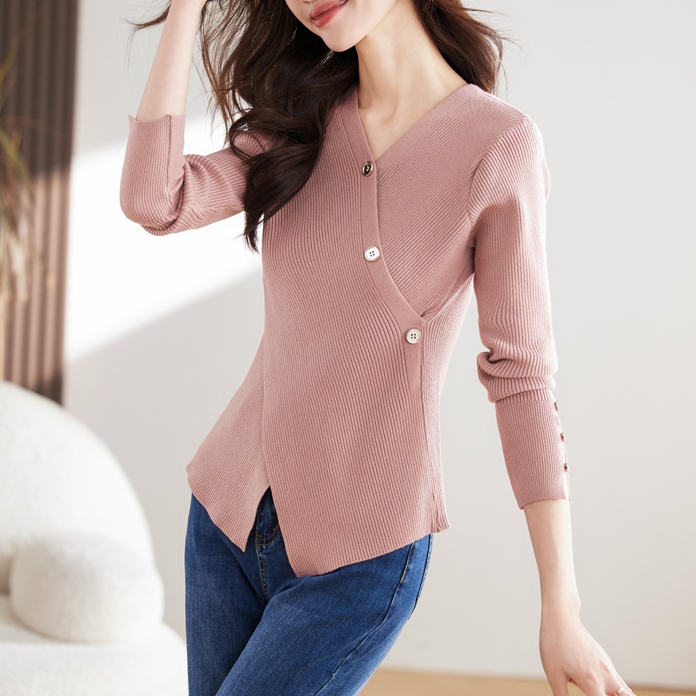 V-neck temperament tops slim long sleeve sweater for women