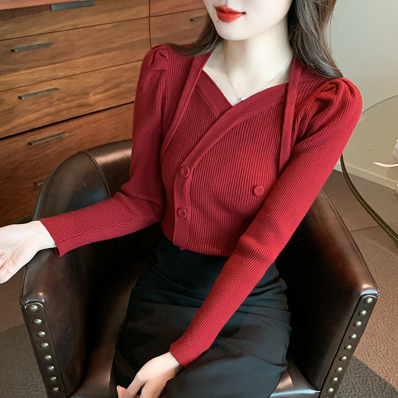 Square collar knitted long sleeve sweater red autumn tops