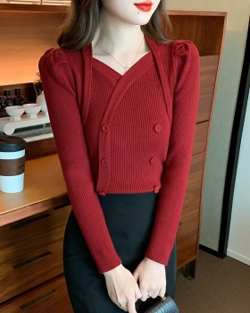 Square collar knitted long sleeve sweater red autumn tops