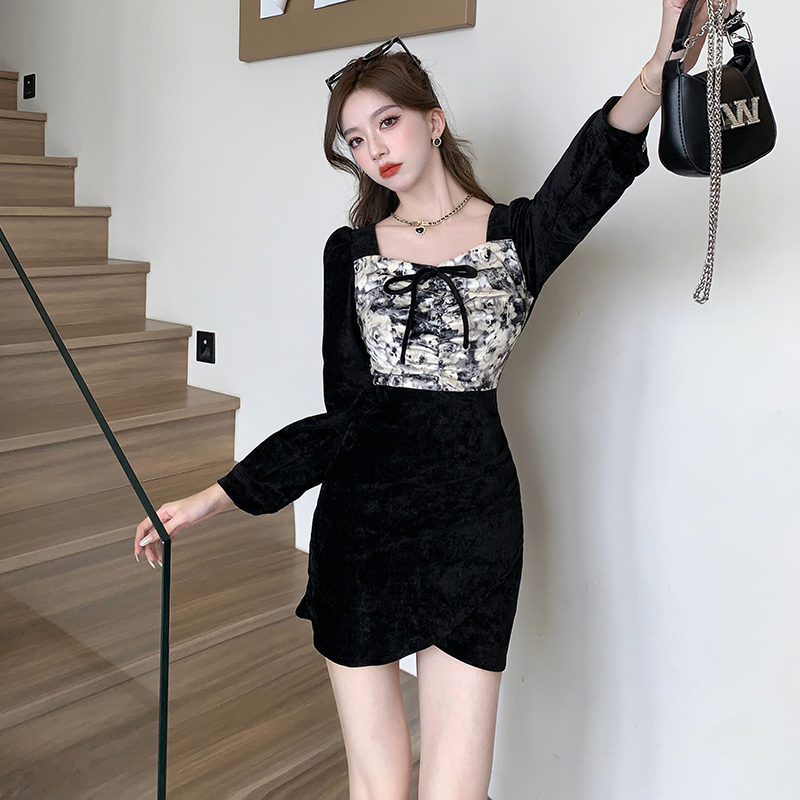 Autumn high waist irregular retro splice slim dress