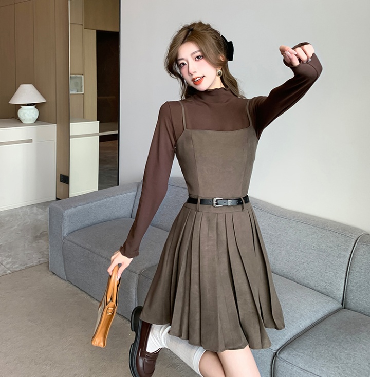 Autumn sling high waist knitted pleated dress a set
