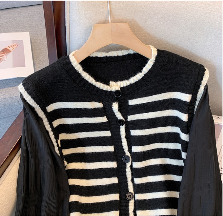 Western style splice coat puff sleeve knitted tops