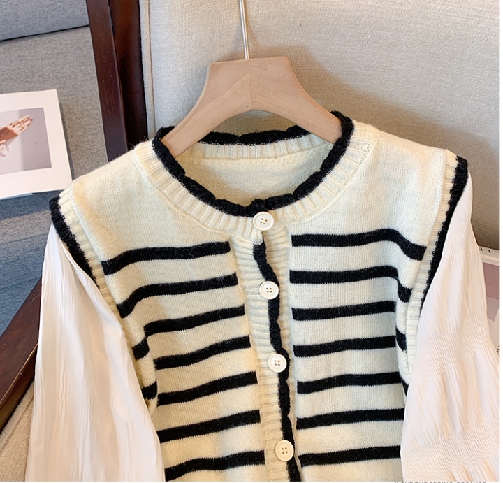 Western style splice coat puff sleeve knitted tops