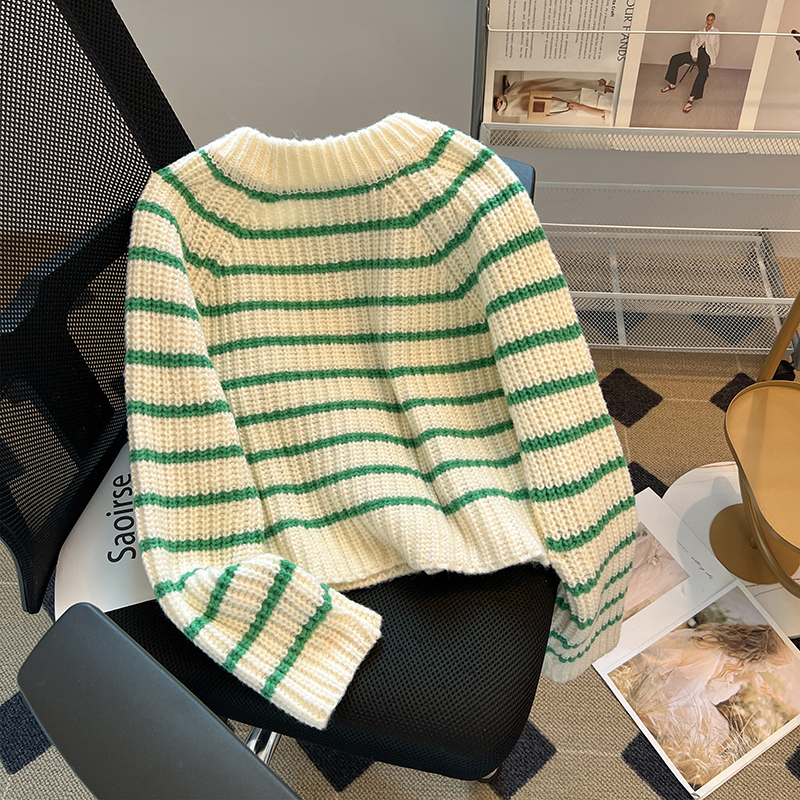 Round neck loose lazy coat slim knitted stripe cardigan