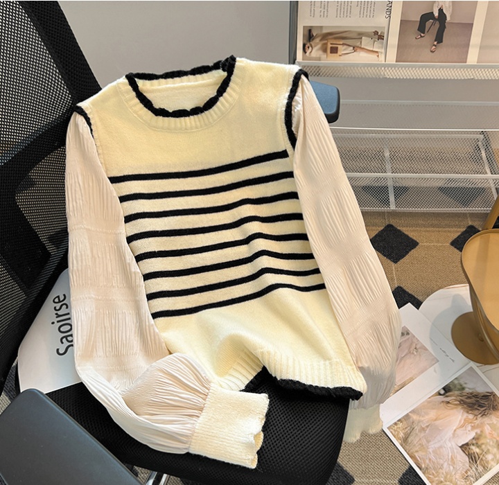 Spring black-white sweater Pseudo-two splice tops for women