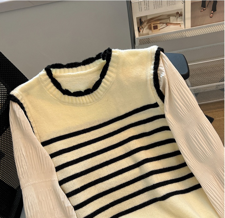 Spring black-white sweater Pseudo-two splice tops for women
