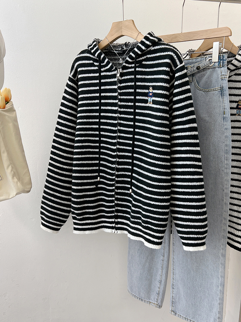 Stripe autumn cardigan college style hooded sweater