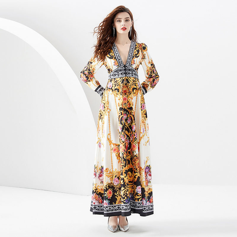 Long printing lantern sleeve V-neck spring and summer dress